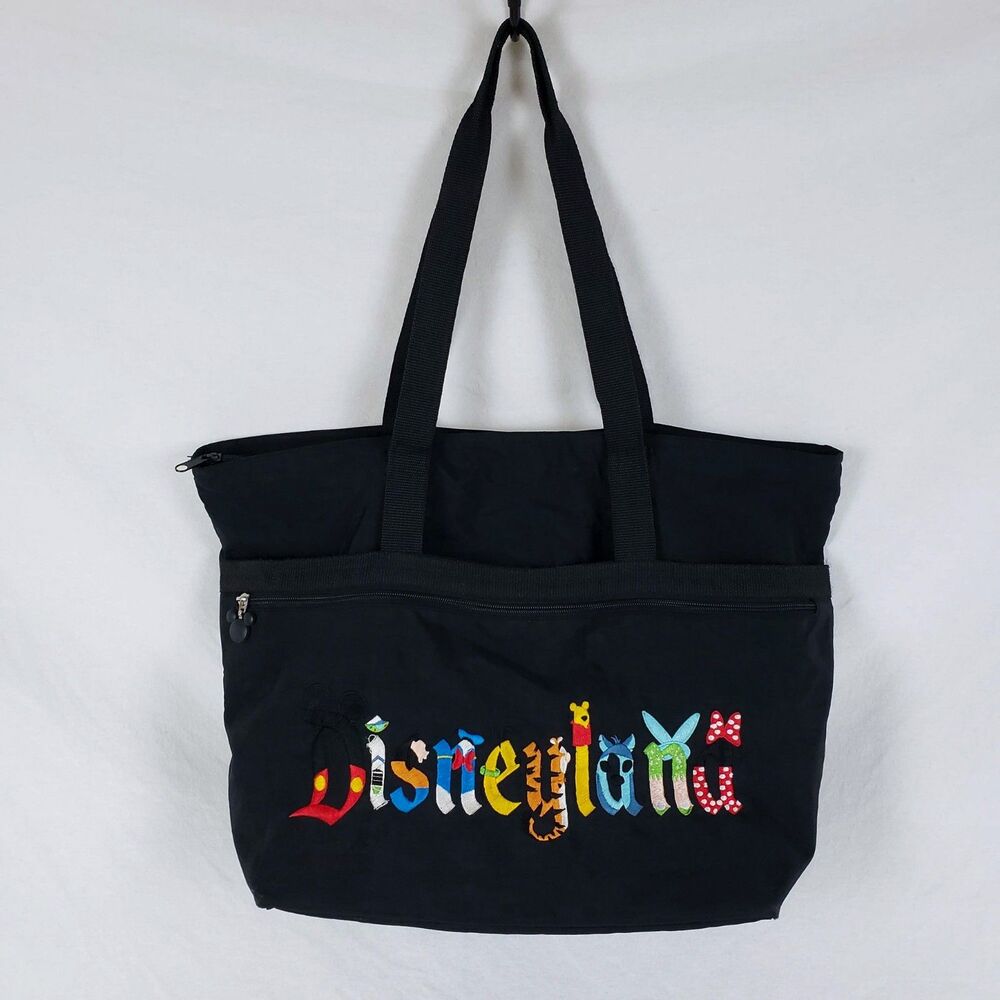 Disneyland Resort Nylon Shoulder Tote Bag Embroidered Character Spellout Black